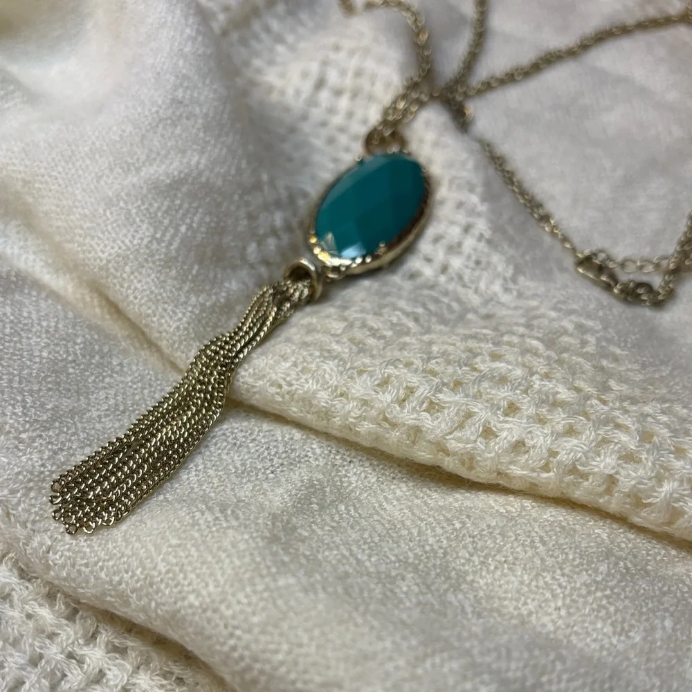 Premier Designs "CECE" Double-Sided Teal Blue Pendant Necklace NWT Gold Tone - Picture 10 of 12